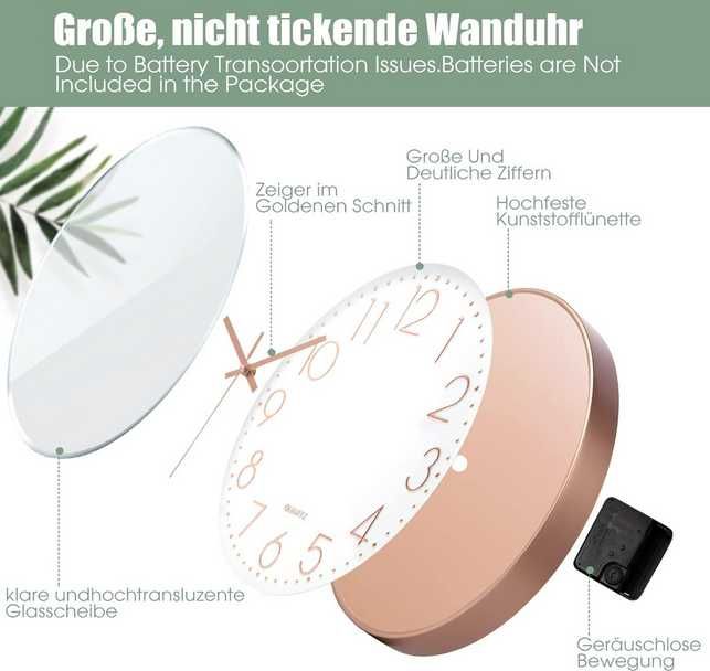 Zegar ścienny cichy bez tykania zawieszany średnica 30 cm kolor złoty