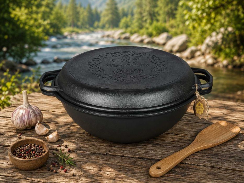 Казан чавунний,чугунный узбецький WOK 12 л з кришкою-сковородою