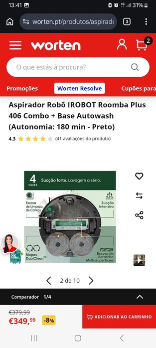 Aspirador Robô IROBOT Roomba Plus 406 Combo + Base Autowash (Autonomia