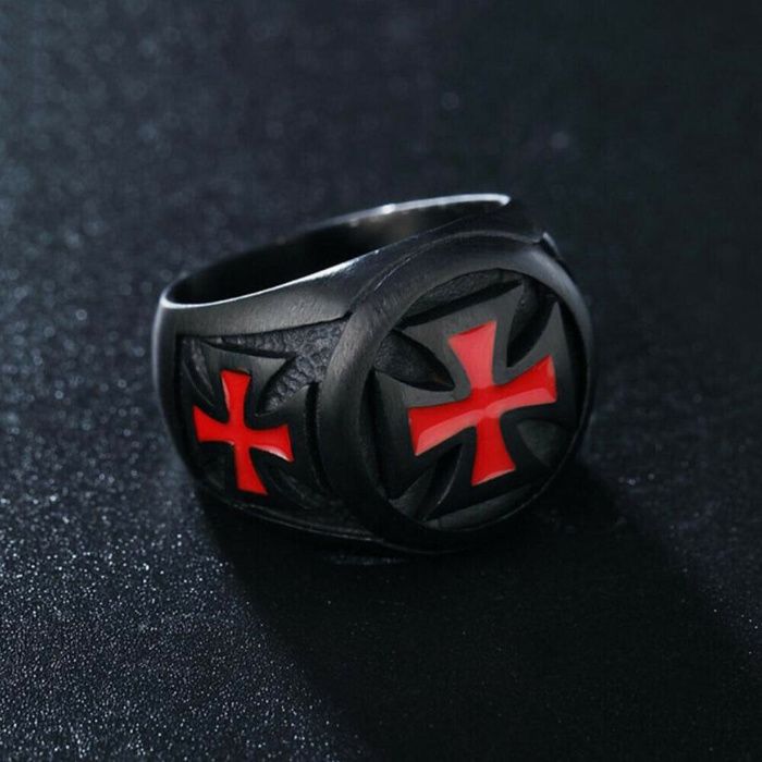 Anel aneis cruz vermelha knight templario aço preto 316L gótico motard