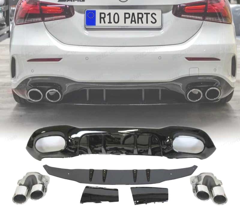 DIFUSOR TRASEIRO MERCEDES V177 AMG 18- SEDAN LOOK A45 PRETO BRILHANTE + PONTEIRAS DE ESCAPE CROMADAS