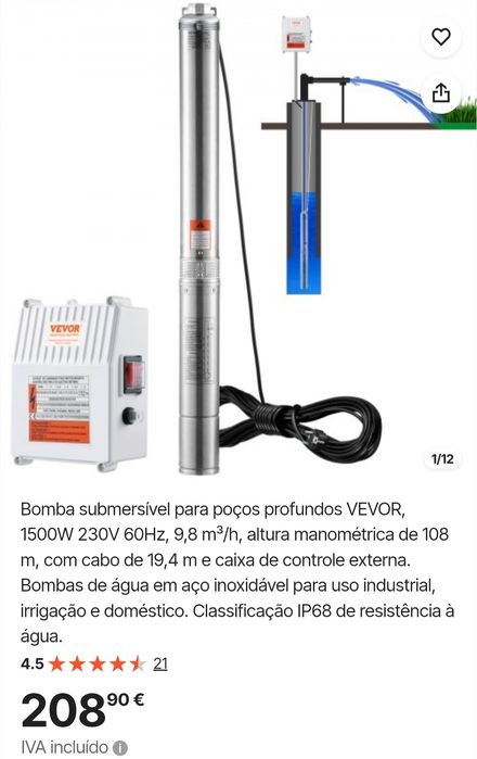 Bomba submersível para poços profundos VEVOR, 1500W 230V 60Hz, 9,8 m³/h, altura manométrica de 108 m, com cabo de 19,4 m e caixa de controle externa