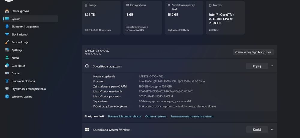 Laptop Acer Nitro 5 16gb dysk 512gb ssd