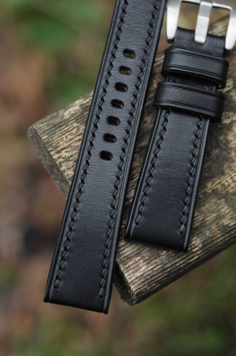 Чёрный кожаный ремешок для часов 22 х 18 мм браслет Ручная работа