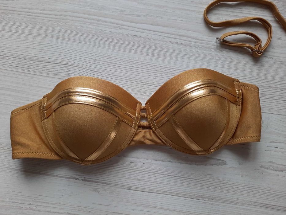 Золотой купальник бандо пуш-ап твердая чашка блестящий бронзовый р.S