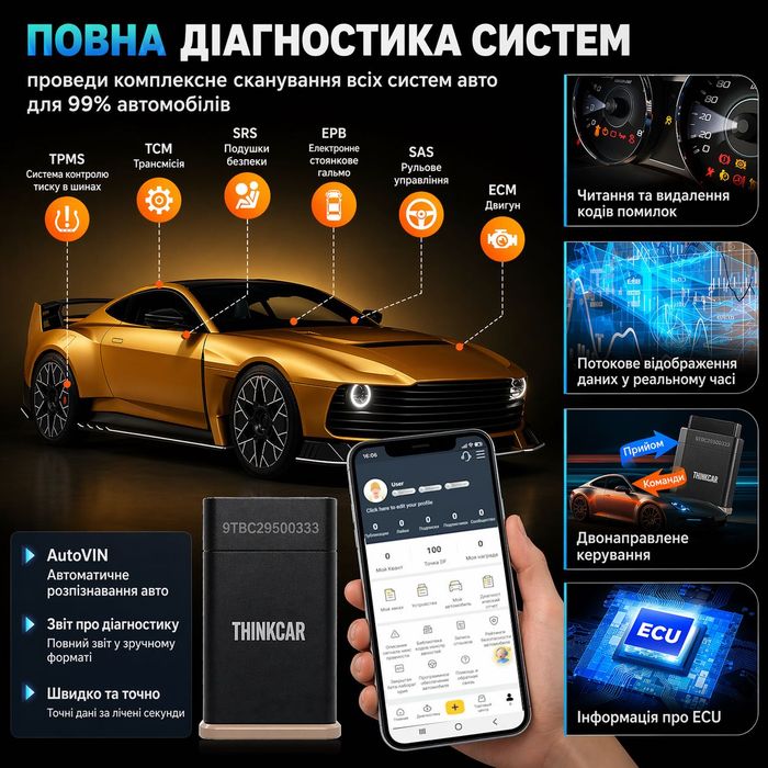 ‼️Автосканер Thinkcar D200 (Android/IOS, всі системи, 15 сервісних функцій, безстрокові оновлення, тести, CAN FD)