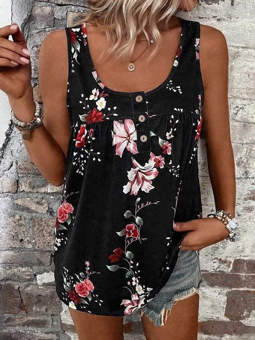 CZARNA bluzka  TOP na ramiączkach KWIATY rozm. 38 / m (A034)