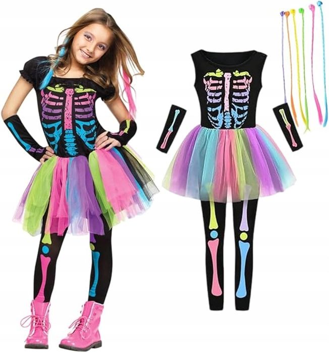 Strój Szkieletor Halloween dla Dziewczynki Tęcza Tutu R 120-128