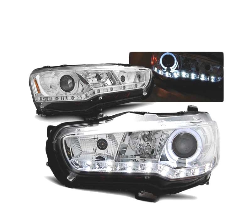 FARÓIS ANGEL EYES LED MITSUBISHI LANCER VIII 08- CROMADO