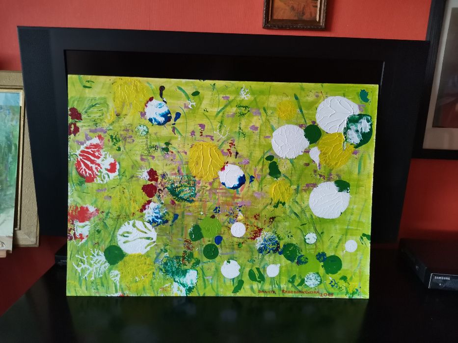 obraz "Dmuchawce,latawce" tempera na płycie 70x50 cm