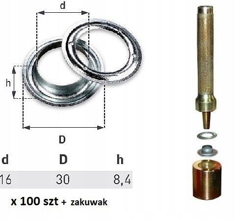 Oczka nierdzewne 100 szt do plandeki fi16+zakuwak