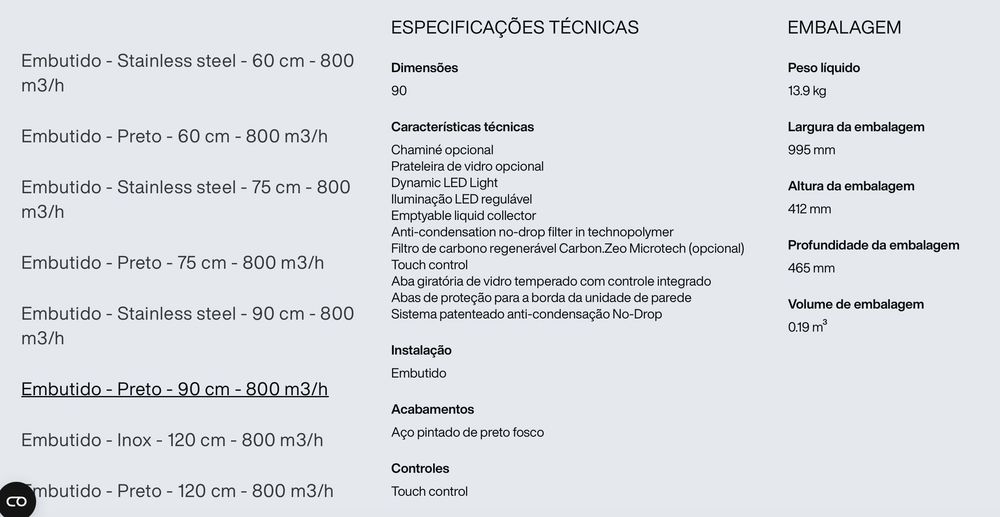 exaustor de cozinha Falmec Virgola no-drop touch 90cm