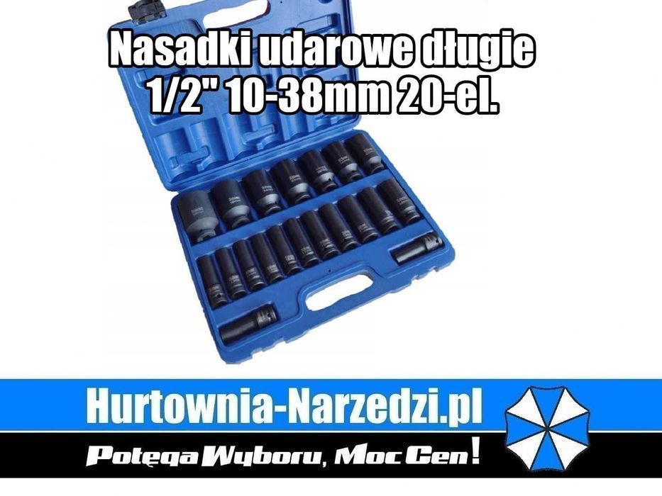 Nasadki udarowe długie 10-38mm 1/2" 20 elementów zestaw nasadek udarowych 1/2cala klucze udarowe 1/2" nasadki do klucza udarowego zestaw kluczy