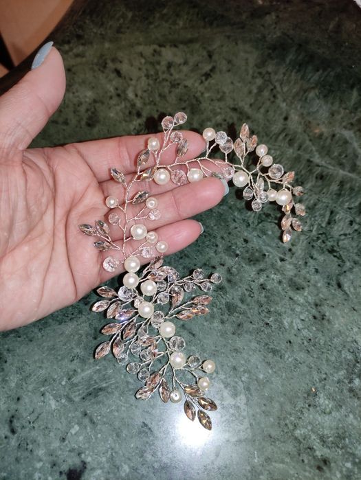 Tiara Diadema Acessório Cabelo Noiva Brilhantes Pérolas Prateado