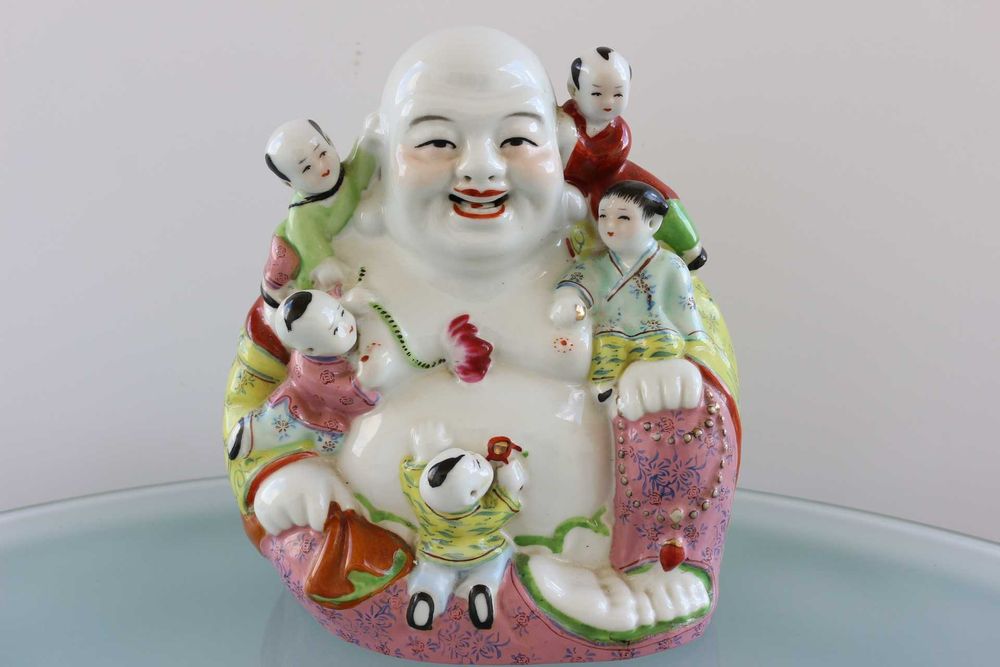 Antigo Buda Fertilidade Porcelana Chinesa Família Rosa 24 cm Marcado
