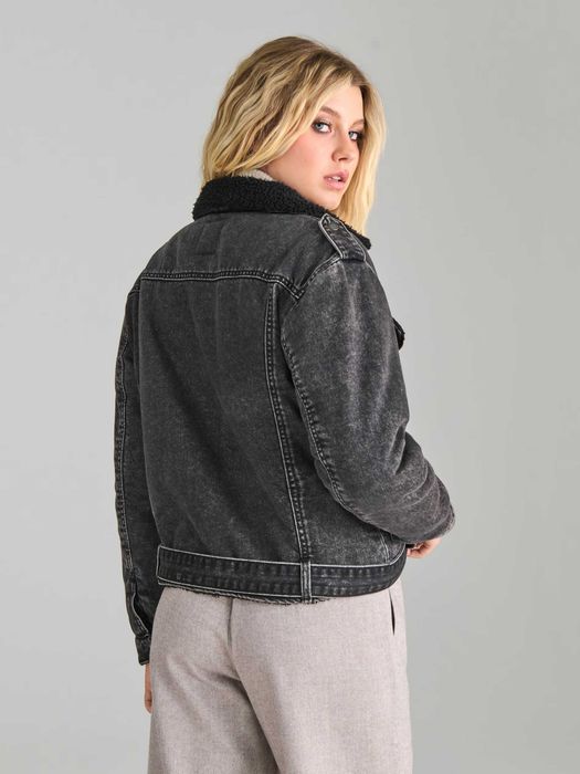 Ramoneska sherpa M/L grafitowy denim Sinsay kurtka biker wszyty kożuch