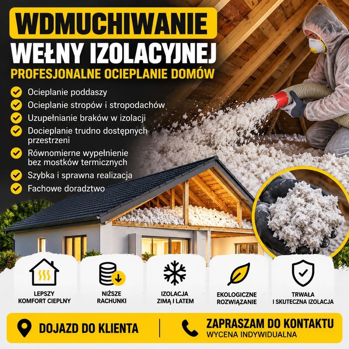 Wdmuchiwanie wełny sprasowanej! Ocieplanie poddaszy stropów  uzupełnienie  braków istniejącej izolacji