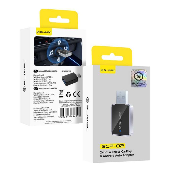 Bezprzewodowy Adapter CarPlay Android Bluetooth WiFi USB Typ-C BCP-02