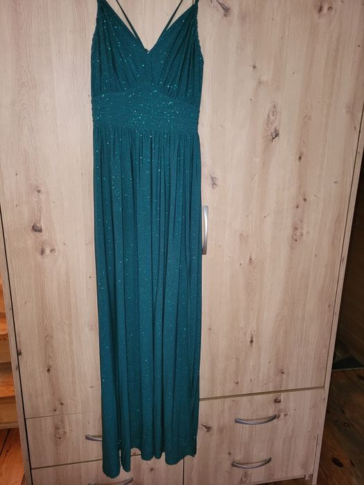 Sukienka maxi butelkowa zieleń, na ramiączkach, lejący materiał S/M 38
