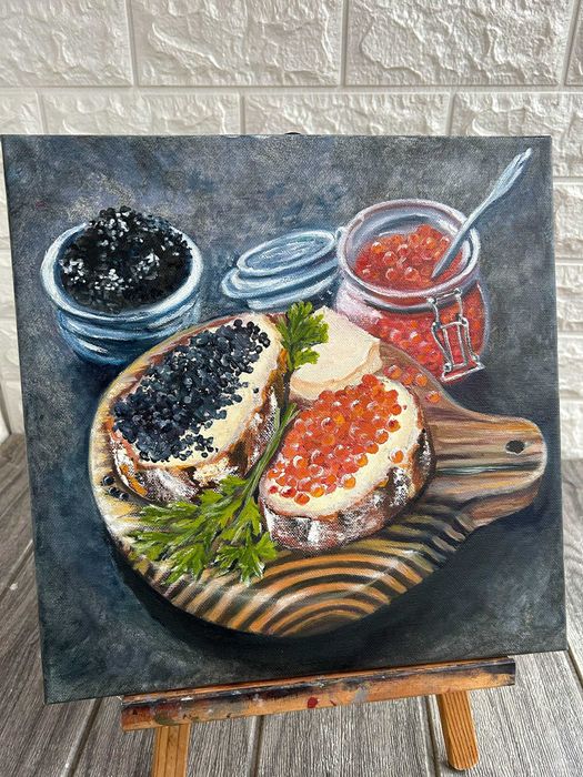 Картины маслом для кухни Натюрморт Икра Сыр Кофе Шоколад Холст 30/30