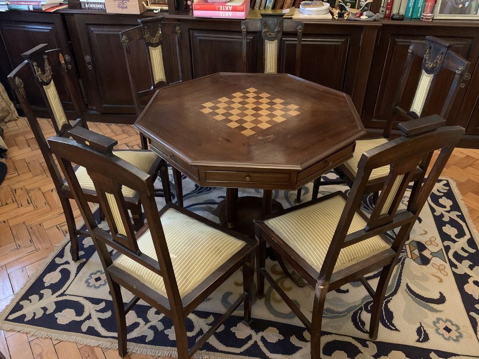 6 Cadeiras Antigas Vintage Madeira e Talha Dourada Estofo Seda