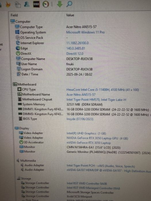 Sprzedam Acer Nitro 5 – RTX 3050 / 32 GB RAM / SSD 512 / i5-11400H