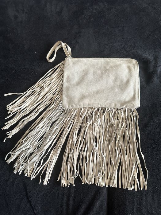 Zara Basic torebka skóra bydlęca frędzle beżowa beż