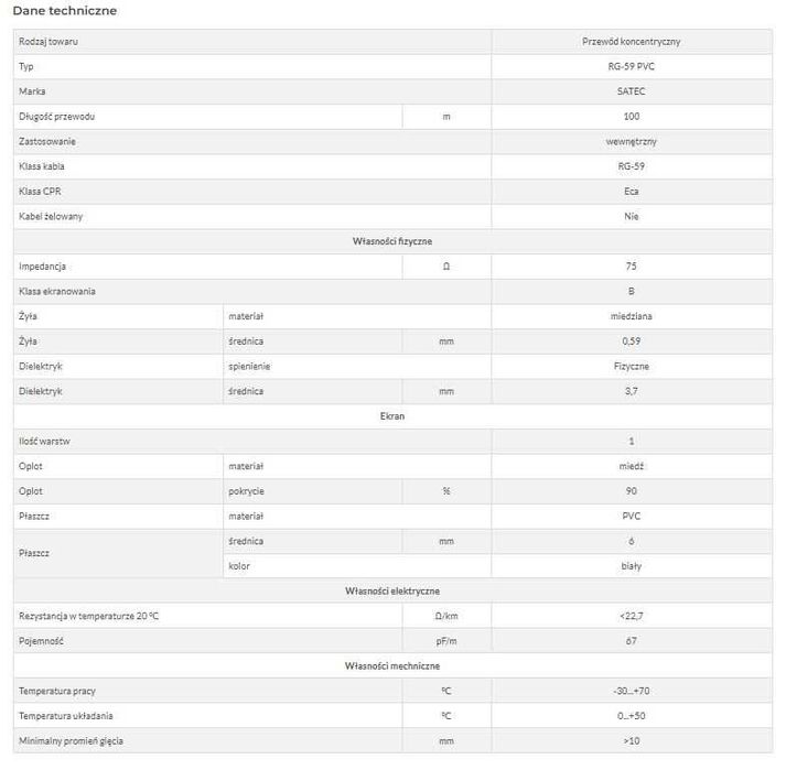 Przewód koncentryczny 75 Om CCTV-RG59 0,59/3,7 Kod.: E1041_100