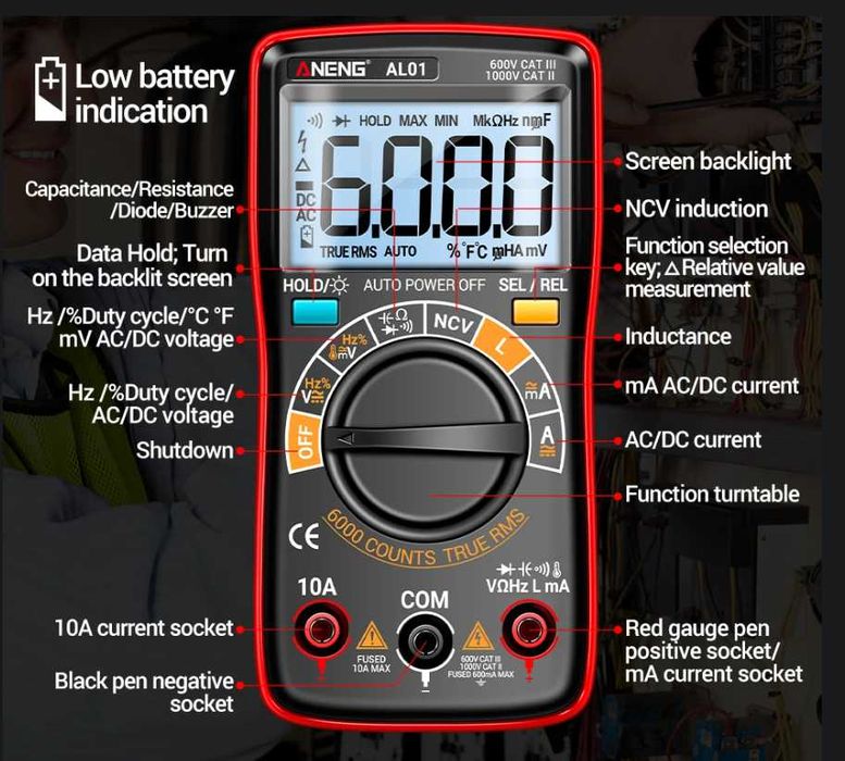 LC метр ANENG AL01 Индуктивность и Емкость True-RMS 6000 измерений