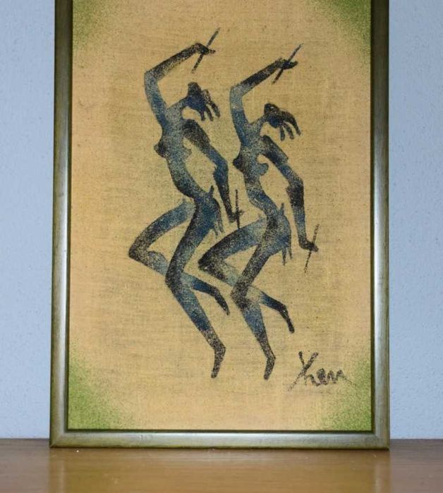 Quadro africano (Angola) pintado a tinta de areia – Par de Dançarinas – 1997
