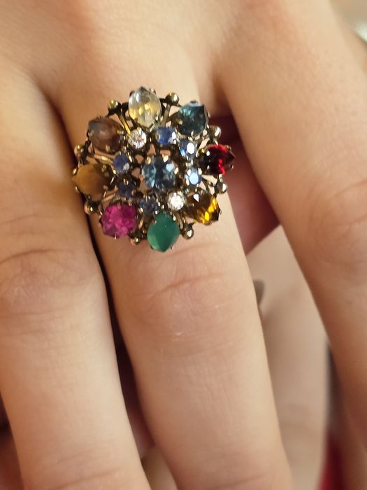 Złoty pierścionek antyk, szafiry, kopuła, złoto na prezent