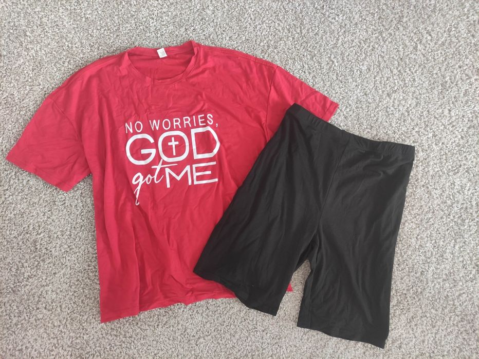 Nowy czerwony komplet XXL damski napisy kolarki t-shirt wygodny lato