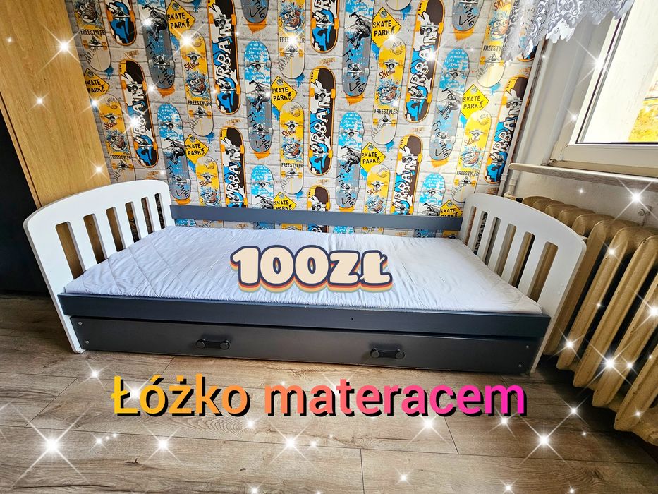Łozko jednoosobowe z materacem i szuflada