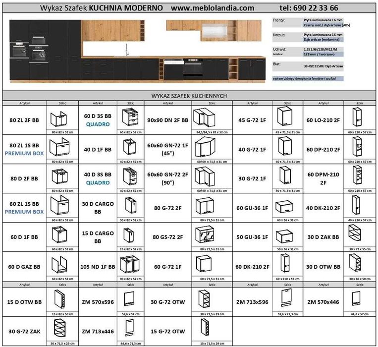 Nowoczesna Kuchnia modułowa MODERNO Dąb ARTISAN / Czarny MAT !!