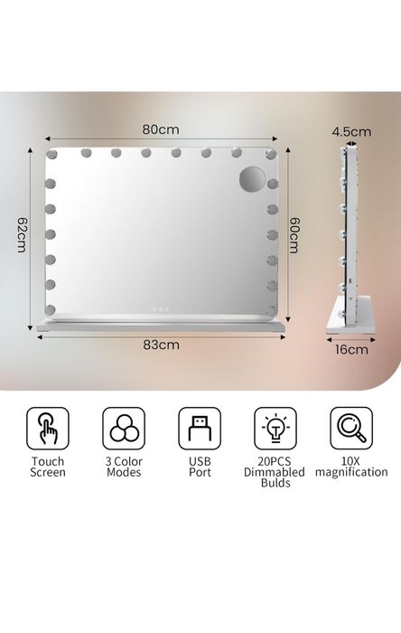 MAMIZO Lustro Hollywood 80x60 LED 20 żarówek USB 3 kolory Białe