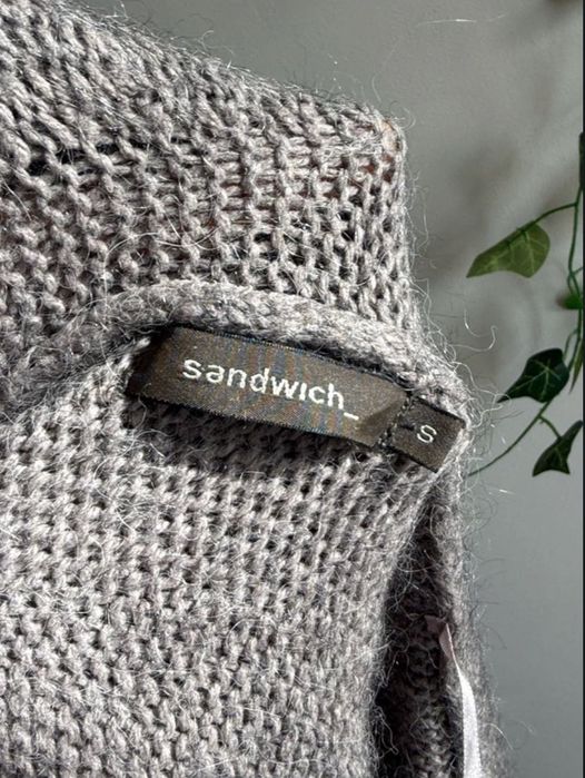Wiązany kardigan sweter mięsisty narzucany szary z alpaką sandwich s