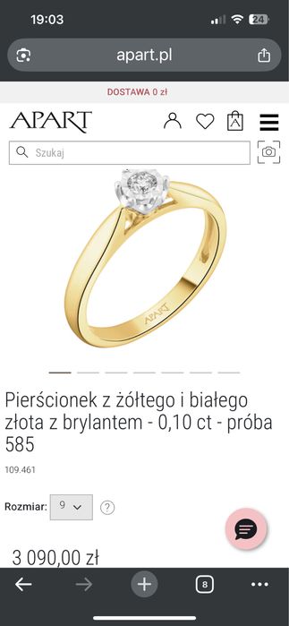 Złoty pierścionek z diamentem  APART wzór 109.461 rozm.9