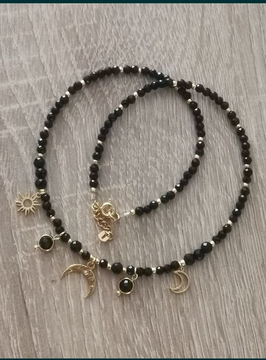 Naszyjnik choker czarny turmalin lunula słońce księżyc regulacja kamie
