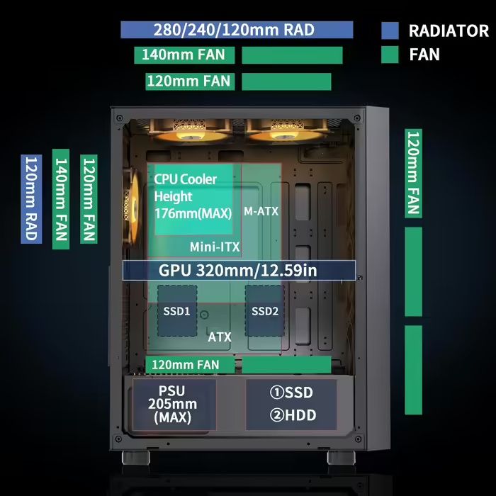 Корпус ігрового  ПК MUSETEX G07 ATX з 6 вентиляторами ARGB, USB 3.0, ч