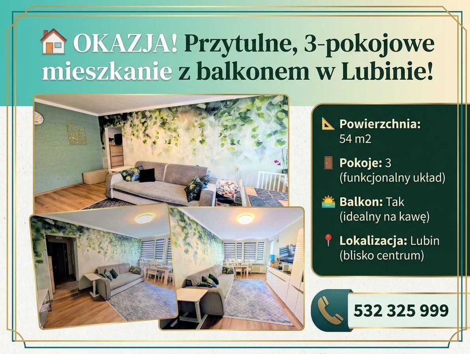 3 pokojowe mieszkanie na sprzedaż, balkon, - 54m2, Lubin