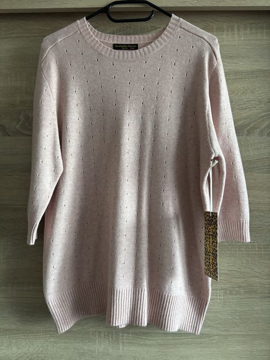 Sweter damski pudrowy róż s/m ażurowy krótki rękaw Francja modal