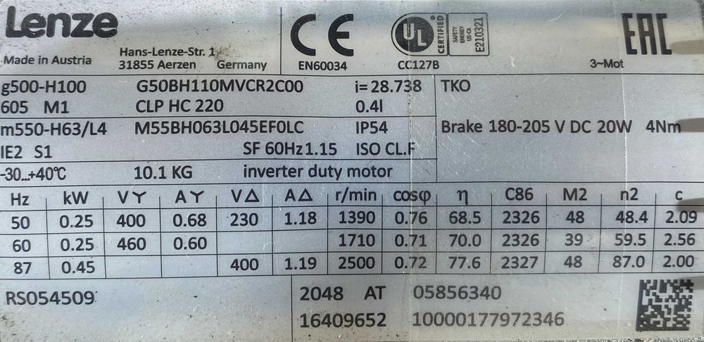 motoreduktor / przekładnia 0,25kW 48,4obr. 3fazowy HAMULEC Lenze