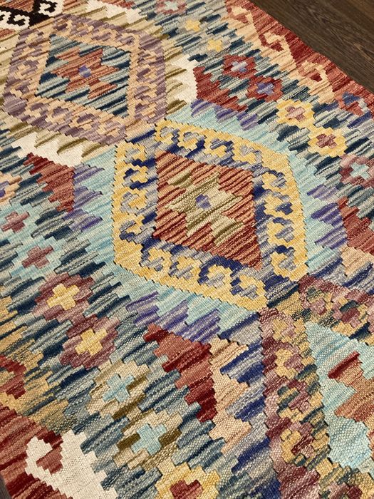 Tapete Kilim oriental feito à mão em lã natural 307x83cm - Novo