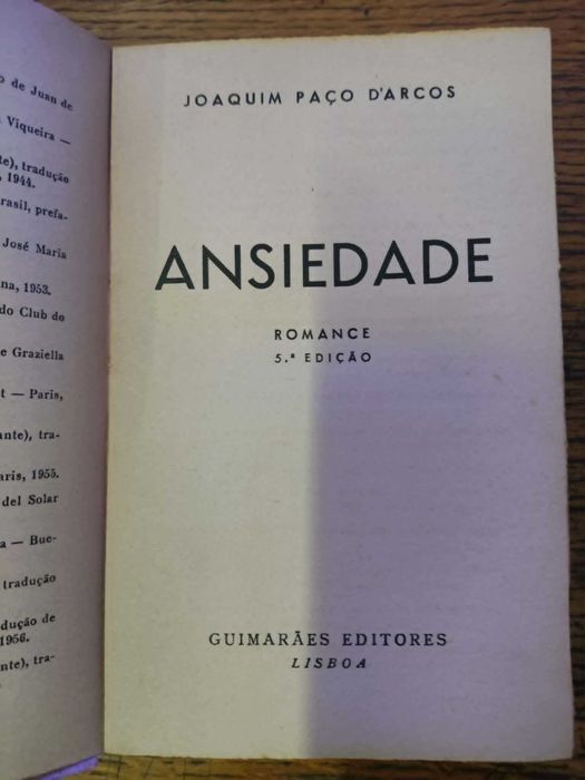 Livro romance Ansiedade, escrito por Joaquim Paço d'Arcos 1957