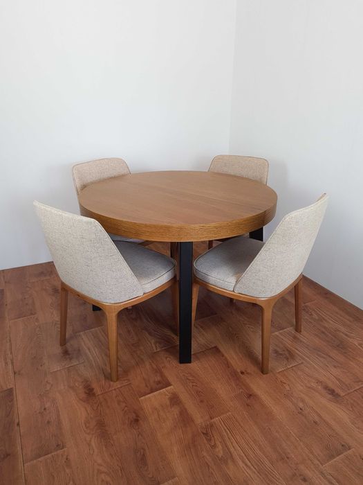 Okrągły stół rozkładany 100 cm + 4 wygodne krzesła -Dwukolorowy design