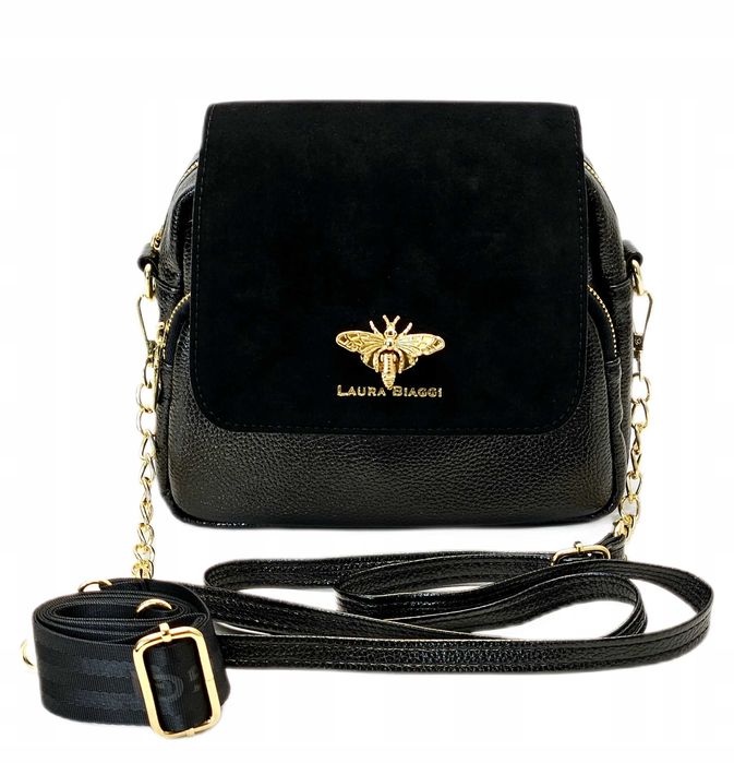 Laura Biaggi Torebka Damska Listonoszka Pszczółka Czarna Skóra Zamsz