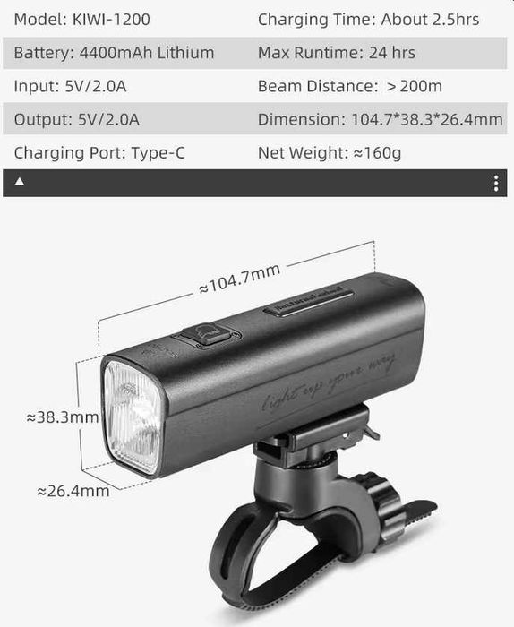 GACIRON KIWI 1200 BARDZO MOCNA Lampka Rowerowa NOWOSĆ z odcięciem BOX