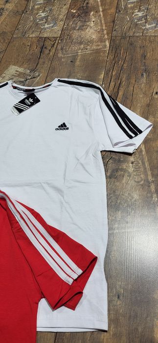 2 koszulki męskie t-shirt młodzieżowe biała czerwona trzy pasy S M