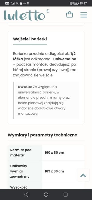 Łóżko drewniane BASIC z barierką 160x80 z materacem Luletto.