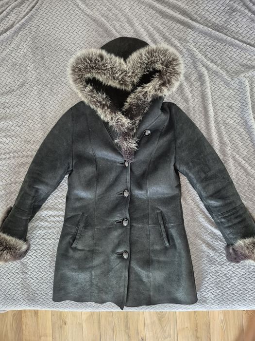 Naturalny kożuch damski z lisem kurtka płaszcz